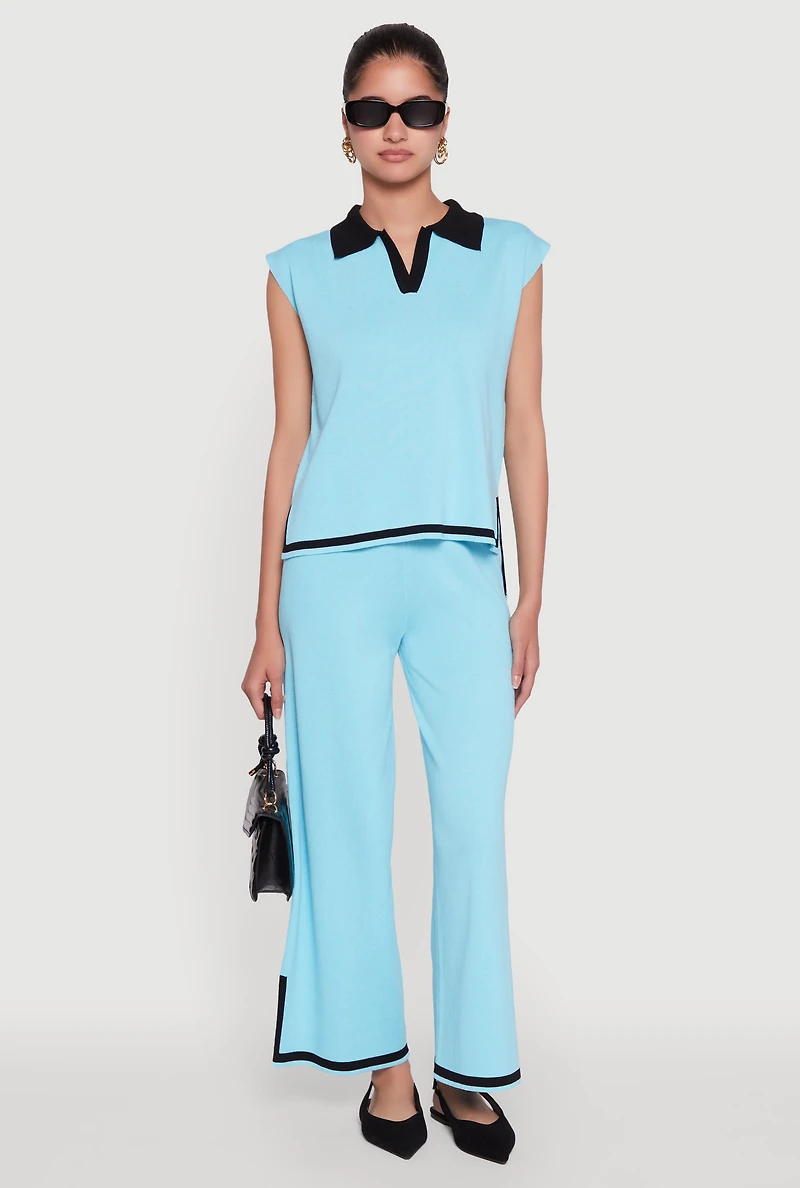 Womens Daisy Contrast Trim Wide Leg Pants, Blue, Size M