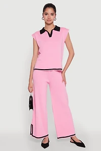 Womens Daisy Contrast Trim Wide Leg Pants, Pink, Size S