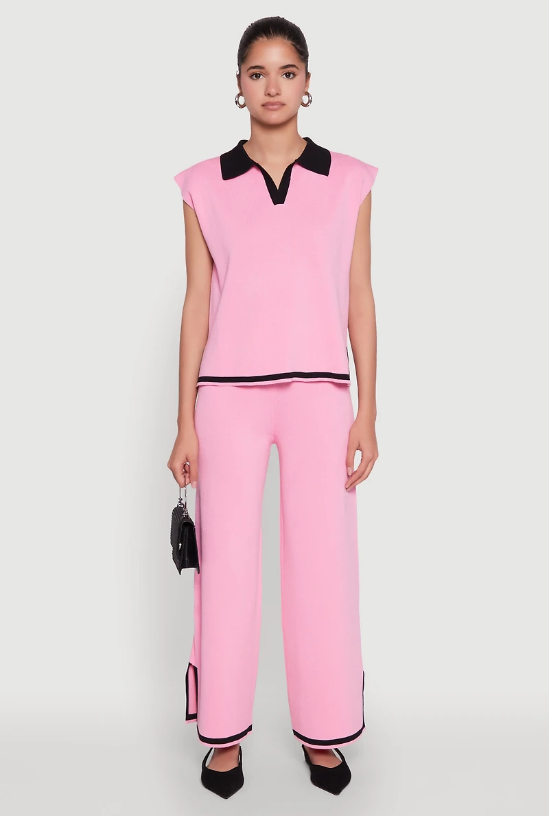 Womens Daisy Contrast Trim Wide Leg Pants, Pink, Size S