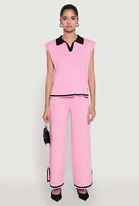 Womens Daisy Contrast Trim Wide Leg Pants, Pink, Size S