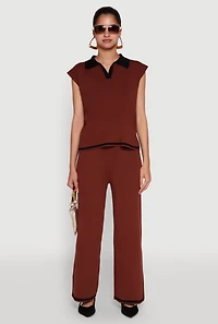 Womens Daisy Contrast Trim Wide Leg Pants, Brown, Size S