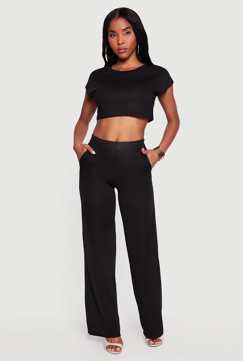 Brushed Knit Cap Sleeve Crew Neck Crop Top