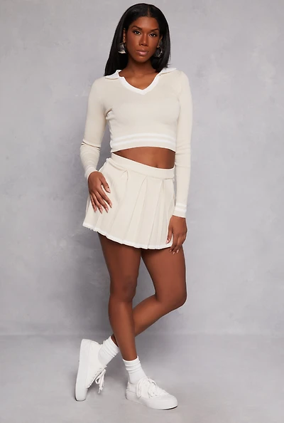 Womens Daisy Contrast Trim Pleated Skirt,