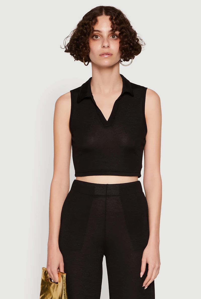 Womens Daisy Sleeveless Collared Crop Top, Black, Size XL