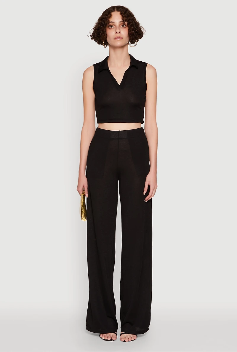 Womens Daisy Sleeveless Collared Crop Top, Black, Size XL