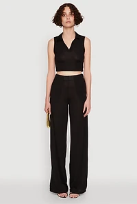 Womens Daisy Sleeveless Collared Crop Top, Black, Size XL