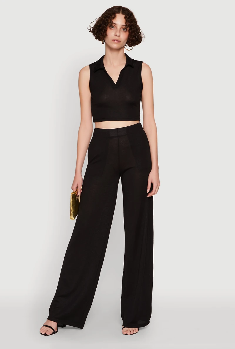 Womens Daisy Sleeveless Collared Crop Top, Black, Size XL