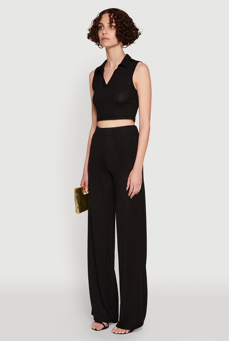 Womens Daisy Sleeveless Collared Crop Top, Black, Size XL
