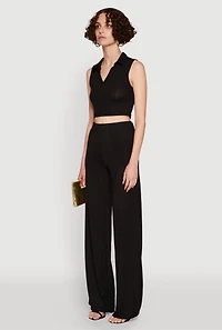 Womens Daisy Sleeveless Collared Crop Top, Black, Size XL