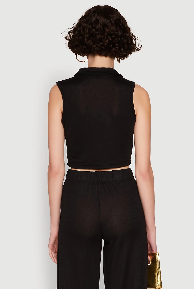 Womens Daisy Sleeveless Collared Crop Top, Black, Size XL