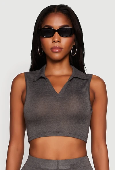 Womens Daisy Sleeveless Collared Crop Top, Grey, Size S