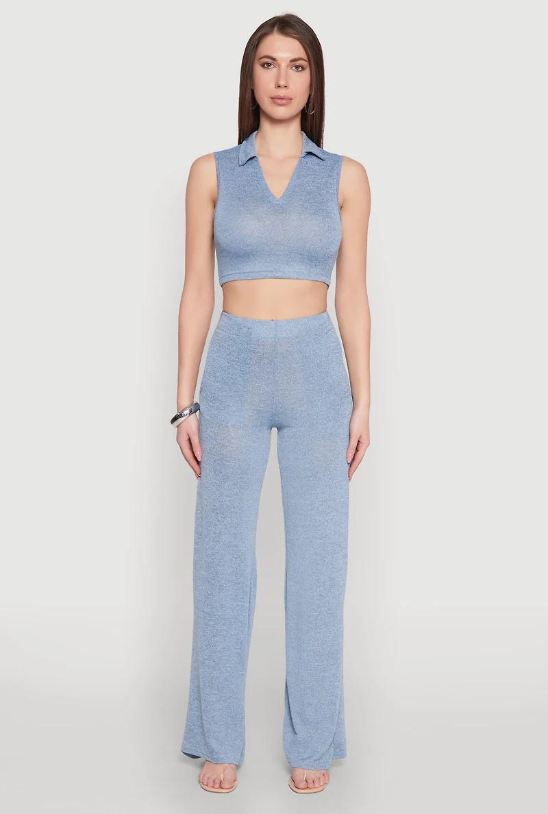 Womens Daisy Sleeveless Collared Crop Top, Blue, Size S