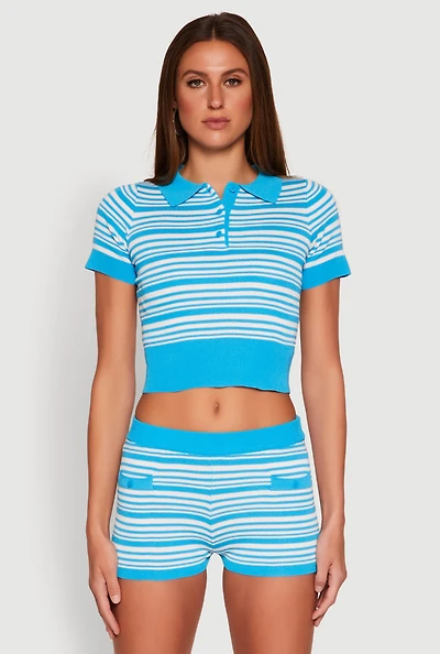 Womens Daisy Striped Polo Crop Top, Blue, Size XL
