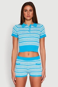 Womens Daisy Striped Polo Crop Top, Blue, Size XL