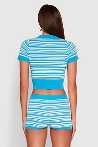 Womens Daisy Striped Polo Crop Top, Blue, Size XL