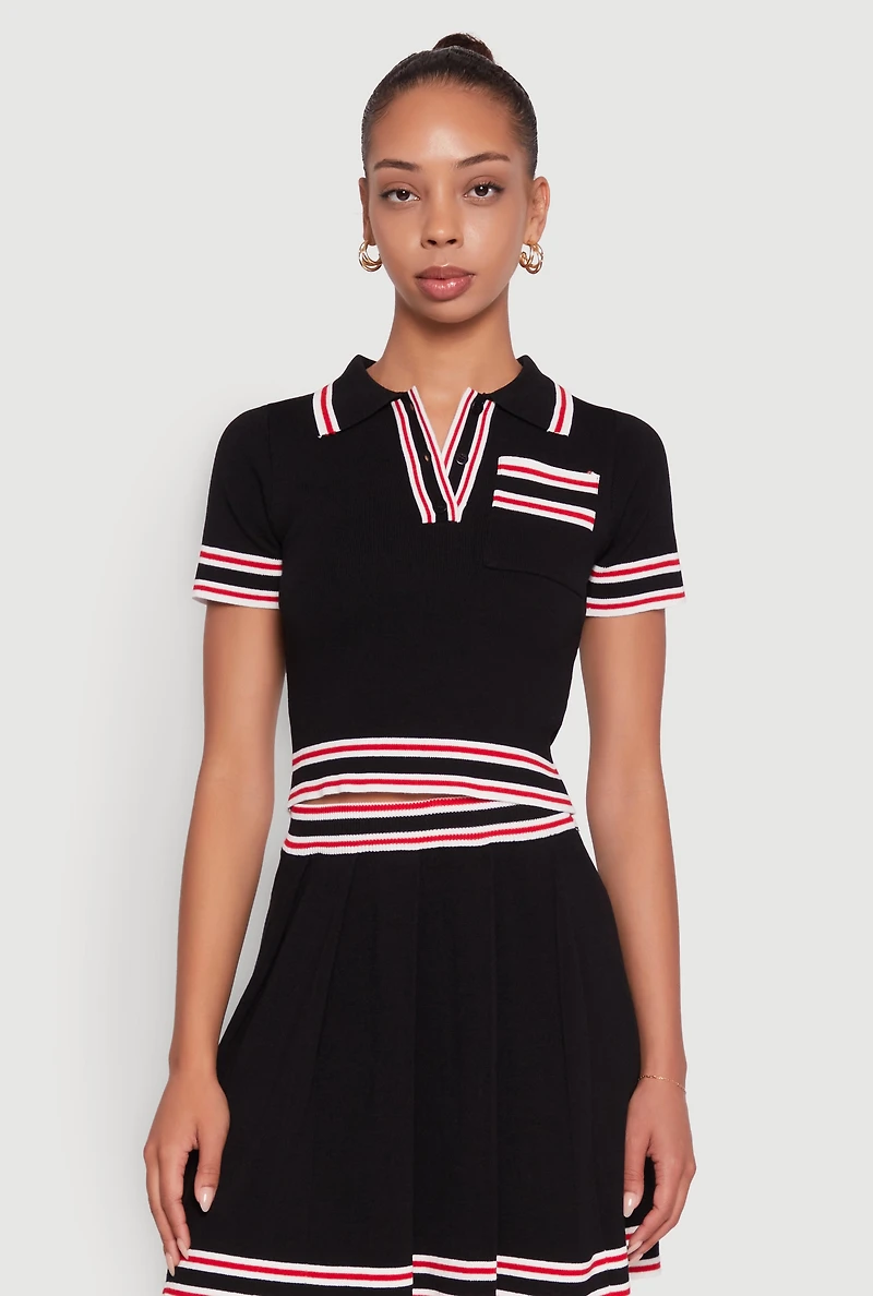 Daisy Varsity Stripe Trim Cropped Polo Shirt