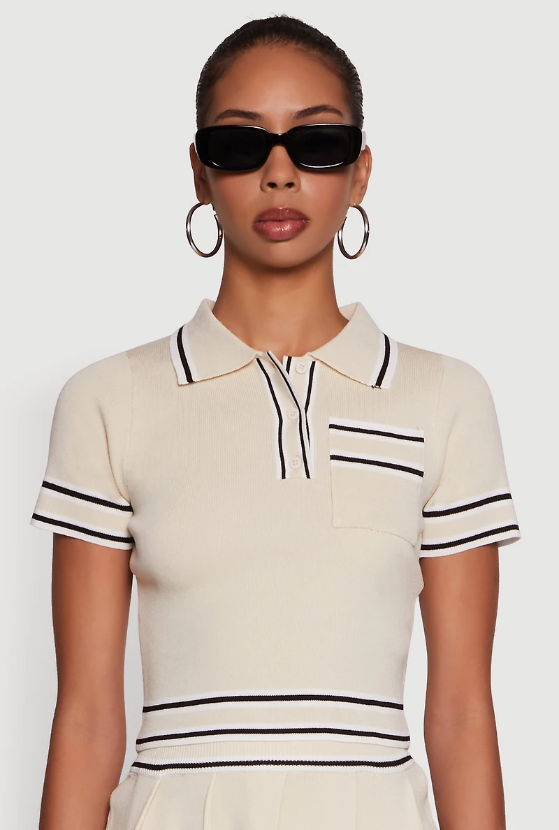Womens Daisy Varsity Stripe Trim Cropped Polo Shirt,