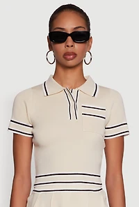 Womens Daisy Varsity Stripe Trim Cropped Polo Shirt,