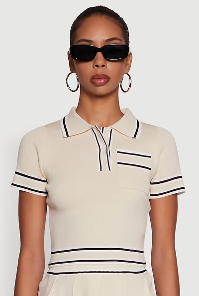 Womens Daisy Varsity Stripe Trim Cropped Polo Shirt,