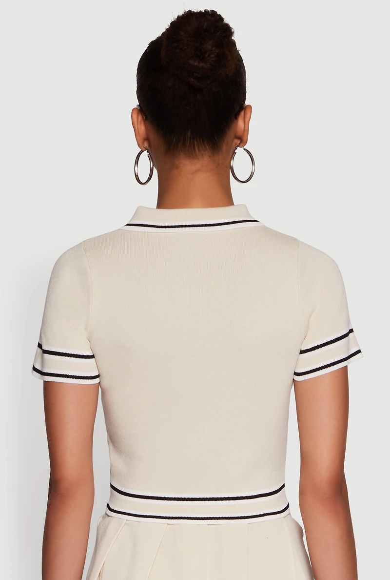 Daisy Varsity Stripe Trim Cropped Polo Shirt