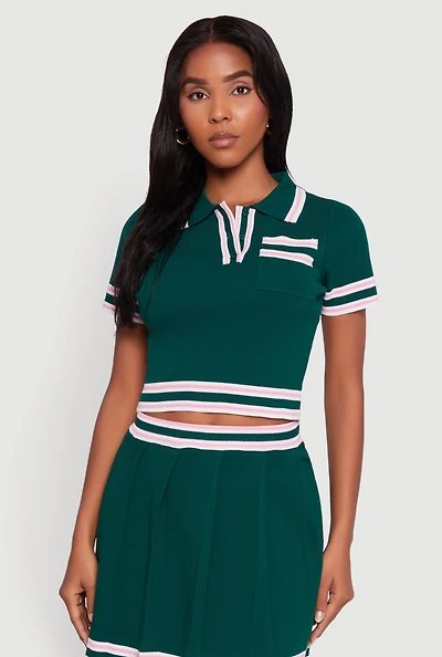 Daisy Varsity Stripe Trim Cropped Polo Shirt