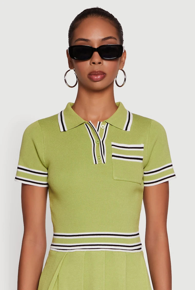 Daisy Varsity Stripe Trim Cropped Polo Shirt