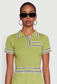 Daisy Varsity Stripe Trim Cropped Polo Shirt