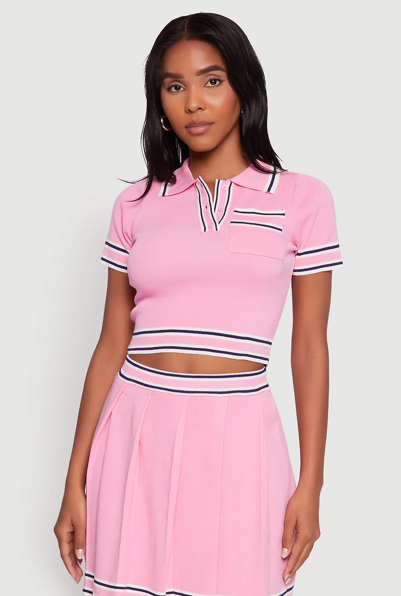 Daisy Varsity Stripe Trim Cropped Polo Shirt