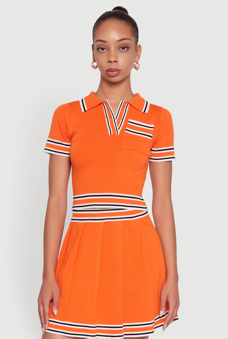 Daisy Varsity Stripe Trim Cropped Polo Shirt