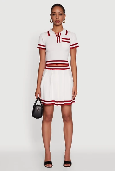 Womens Daisy High Waisted Pleated Skirt with Varsity Stripe Detail, White, Size S