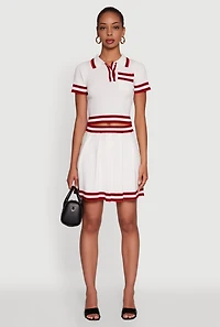 Womens Daisy High Waisted Pleated Skirt with Varsity Stripe Detail, White, Size S