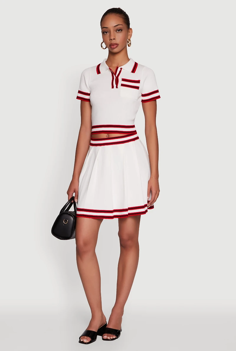 Womens Daisy High Waisted Pleated Skirt with Varsity Stripe Detail, White, Size S