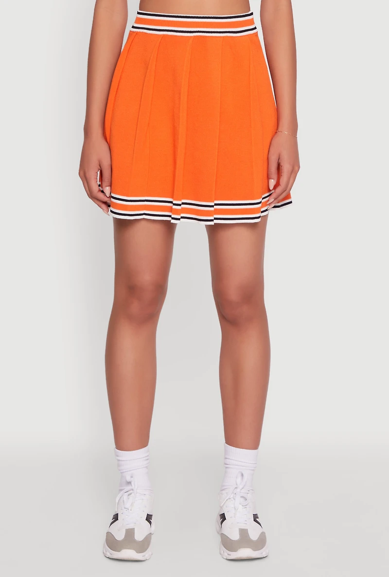 Womens Daisy High Waisted Pleated Skirt with Varsity Stripe Detail, Orange, Size S