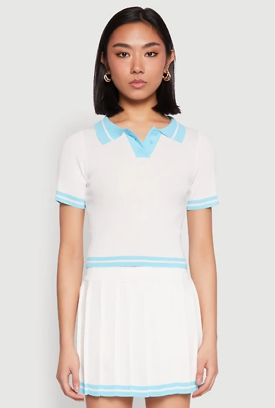 Womens Daisy Varsity Stripe Cropped Polo Shirt, White, Size L