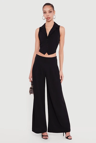 Solid Crepe Knit Pleated Wide Leg Palazzo Pants