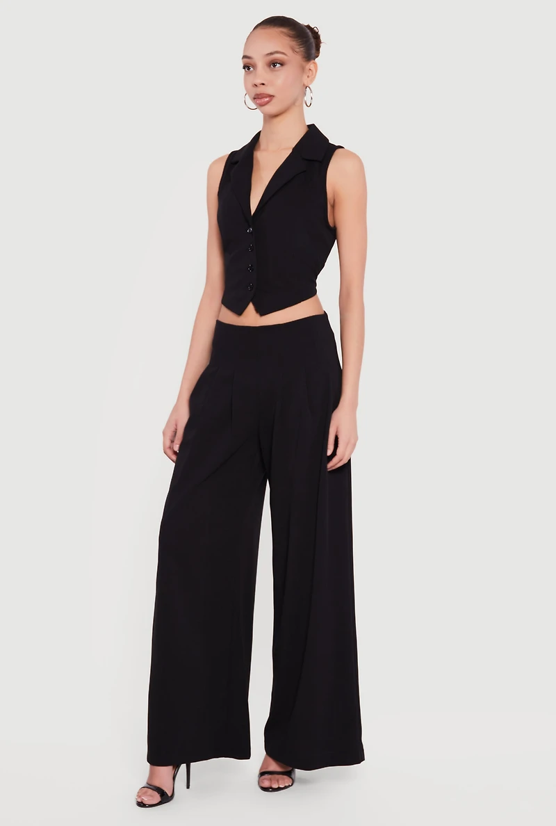 Solid Crepe Knit Pleated Wide Leg Palazzo Pants