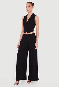 Solid Crepe Knit Pleated Wide Leg Palazzo Pants