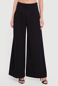 Solid Crepe Knit Pleated Wide Leg Palazzo Pants
