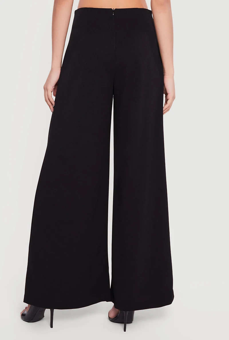 Solid Crepe Knit Pleated Wide Leg Palazzo Pants