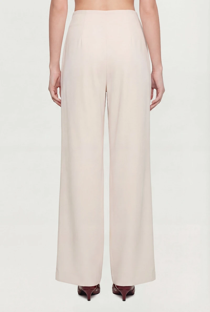 Solid Crepe Knit Pleated Wide Leg Palazzo Pants