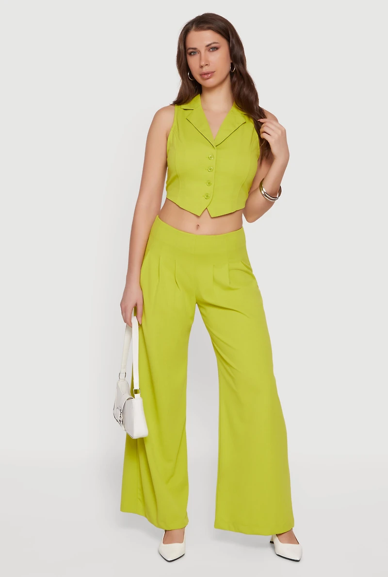 Solid Crepe Knit Pleated Wide Leg Palazzo Pants