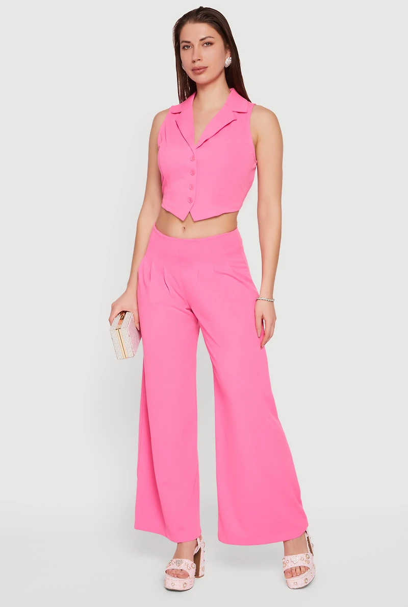 Solid Crepe Knit Pleated Wide Leg Palazzo Pants