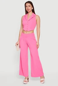 Solid Crepe Knit Pleated Wide Leg Palazzo Pants