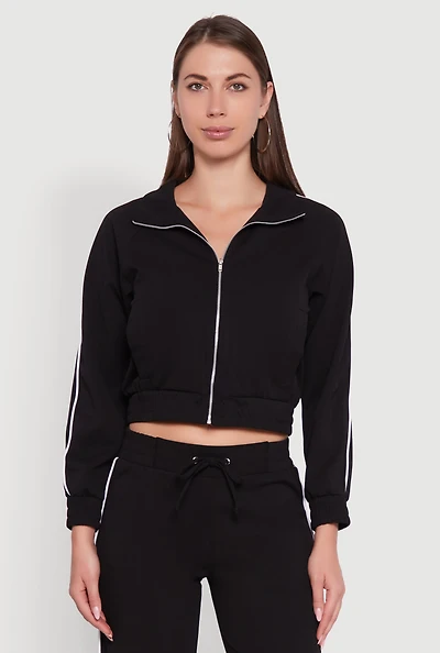 Womens Crepe Knit Zip Front Jacket with Contrast Piping,