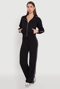 Womens Crepe Knit Zip Front Jacket with Contrast Piping, Black, Size S