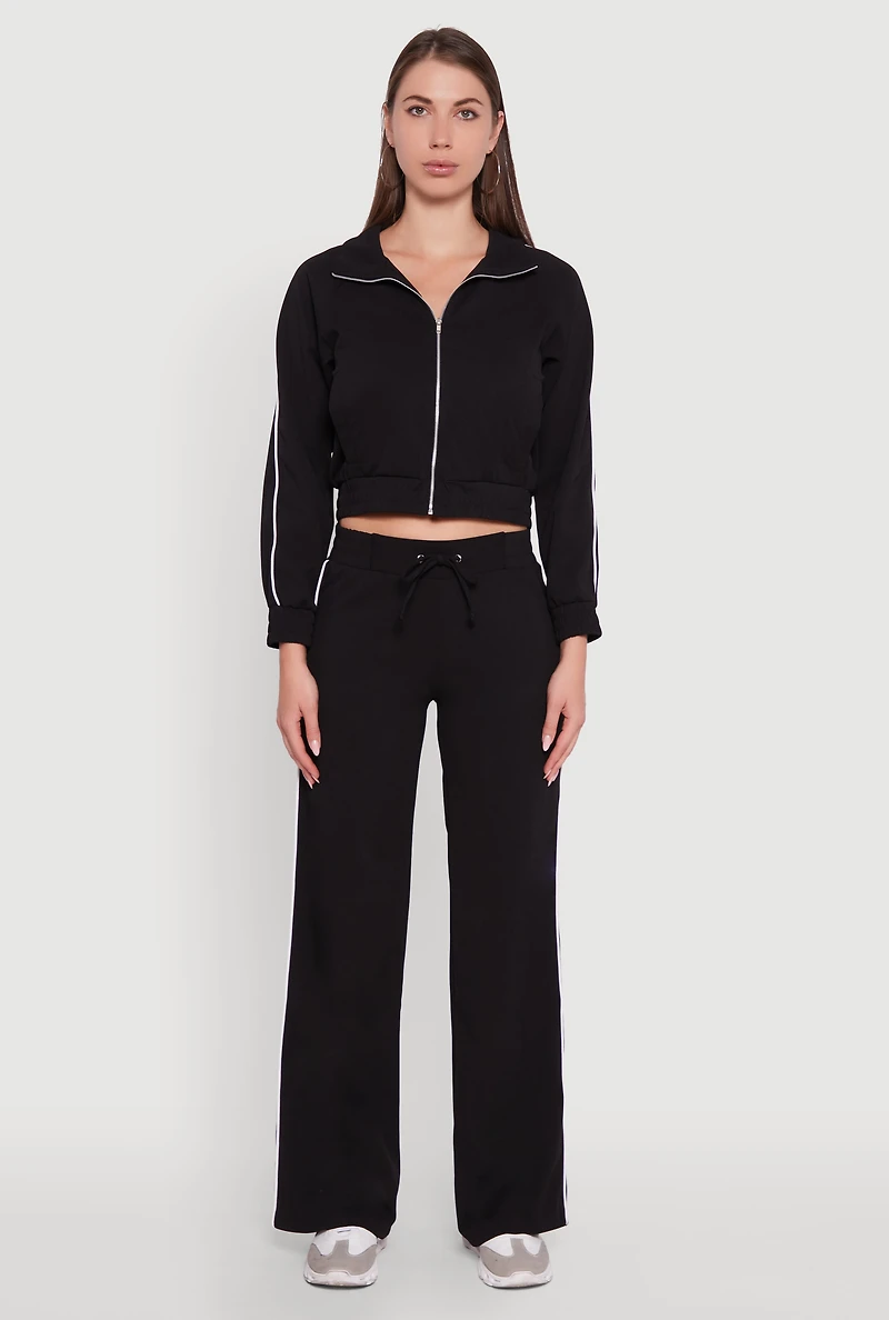 Womens Crepe Knit Zip Front Jacket with Contrast Piping, Black, Size S