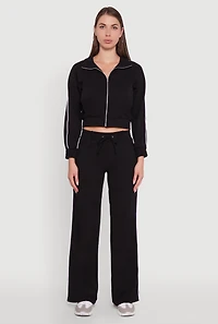 Womens Crepe Knit Zip Front Jacket with Contrast Piping, Black, Size S