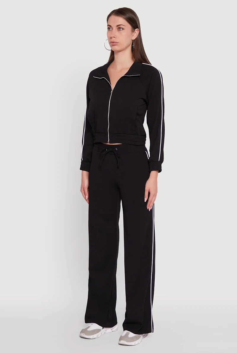 Womens Crepe Knit Zip Front Jacket with Contrast Piping, Black, Size S