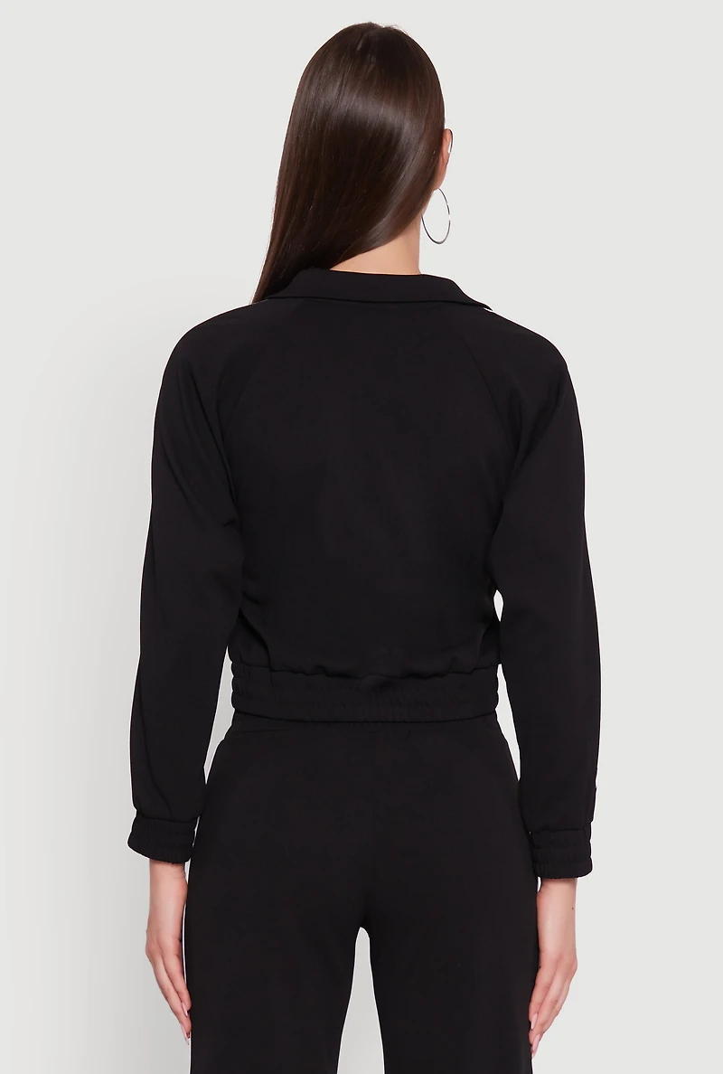 Womens Crepe Knit Zip Front Jacket with Contrast Piping, Black, Size S