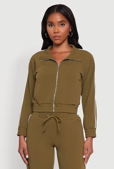 Womens Crepe Knit Zip Front Jacket with Contrast Piping, Green,